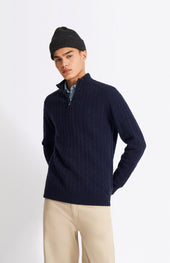 Quarter Zip Lambswool Cable Knit Jumper In Midnight