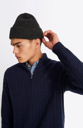 Quarter Zip Lambswool Cable Knit Jumper In Midnight