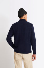 Quarter Zip Lambswool Cable Knit Jumper In Midnight