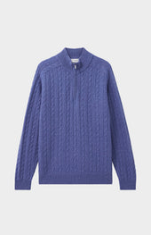 Quarter Zip Lambswool Cable Knit Jumper In Dark Indigo