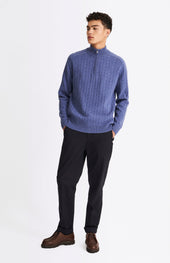 Quarter Zip Lambswool Cable Knit Jumper In Dark Indigo