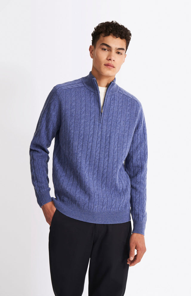 Quarter Zip Lambswool Cable Knit Jumper In Dark Indigo