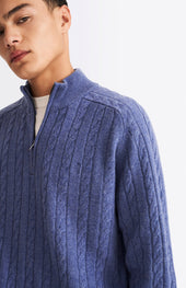 Quarter Zip Lambswool Cable Knit Jumper In Dark Indigo