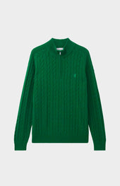 Quarter Zip Lambswool Cable Knit Jumper In Dark Pine