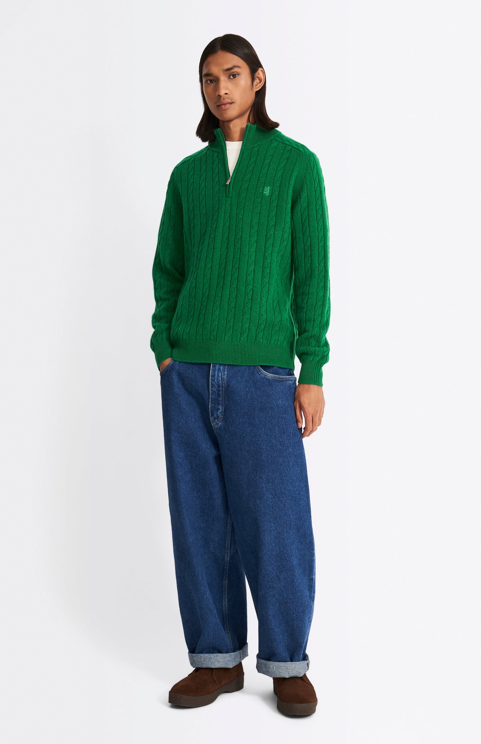 Quarter Zip Lambswool Cable Knit Jumper In Dark Pine