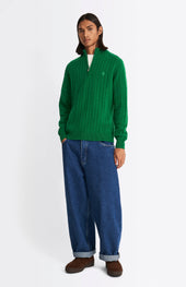 Quarter Zip Lambswool Cable Knit Jumper In Dark Pine