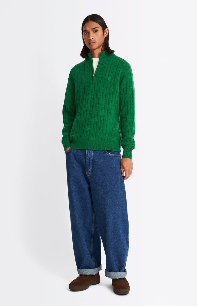 Quarter Zip Lambswool Cable Knit Jumper In Dark Pine