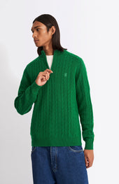 Quarter Zip Lambswool Cable Knit Jumper In Dark Pine