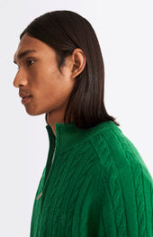 Quarter Zip Lambswool Cable Knit Jumper In Dark Pine