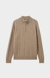 Quarter Zip Lambswool Cable Knit Jumper In Dark Natural
