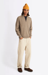 Quarter Zip Lambswool Cable Knit Jumper In Dark Natural