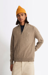 Quarter Zip Lambswool Cable Knit Jumper In Dark Natural