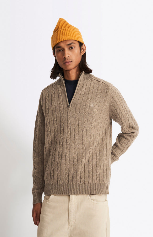 Quarter Zip Lambswool Cable Knit Jumper In Dark Natural