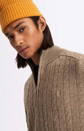 Quarter Zip Lambswool Cable Knit Jumper In Dark Natural