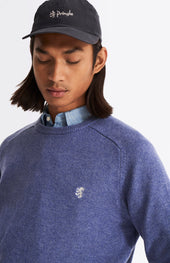 Round Neck Lambswool Contrast Jumper In Dark Indigo