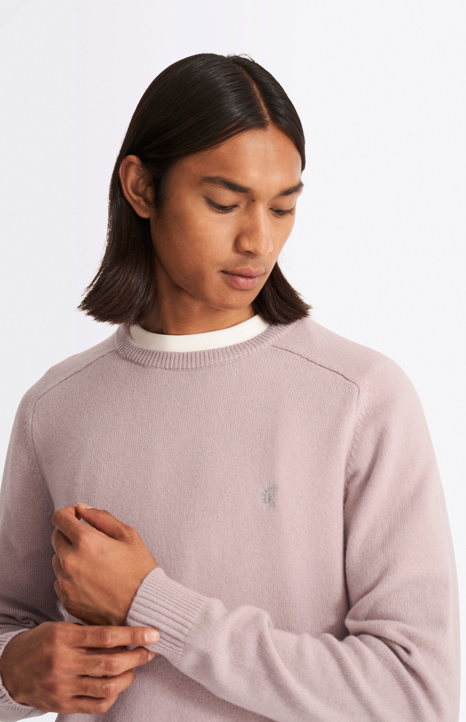 Round Neck Lambswool Contrast Jumper In Dusty Pink