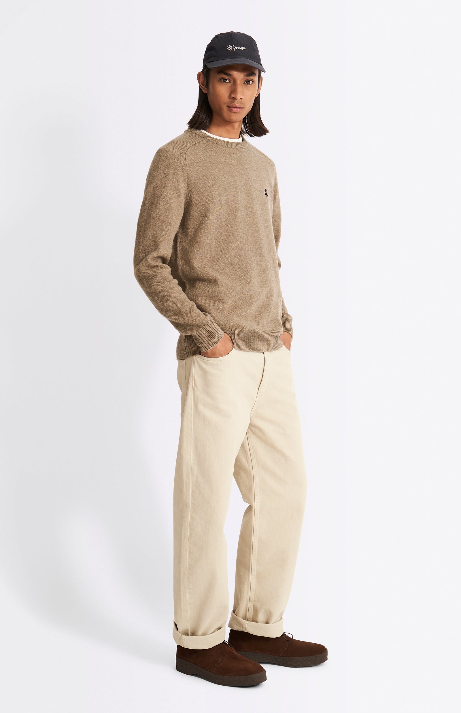 Round Neck Lambswool Contrast Jumper In Dark Natural