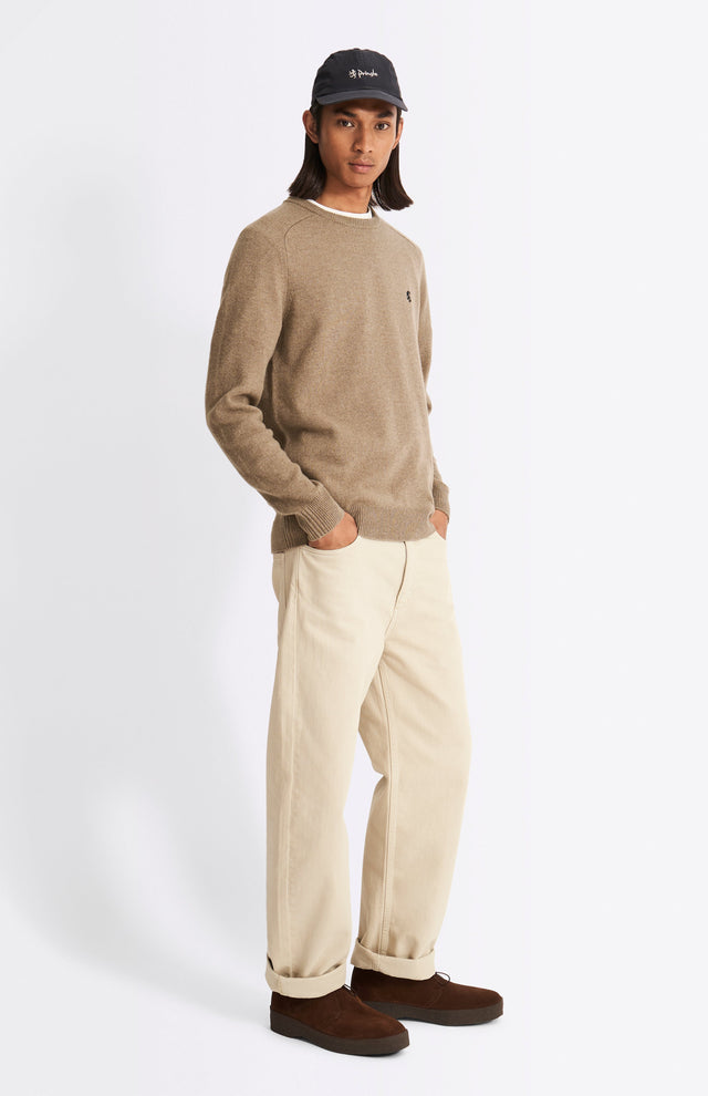 Round Neck Lambswool Contrast Jumper In Dark Natural