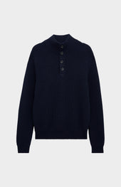 Men's Button Neck Rib Cashmere Jumper In Navy Blue