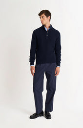 Men's Button Neck Rib Cashmere Jumper In Navy Blue