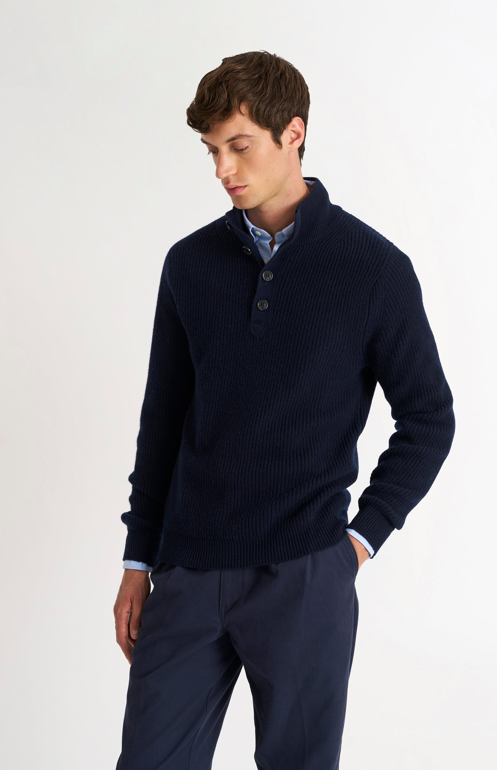 Men's Button Neck Rib Cashmere Jumper In Navy Blue