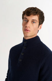 Men's Button Neck Rib Cashmere Jumper In Navy Blue
