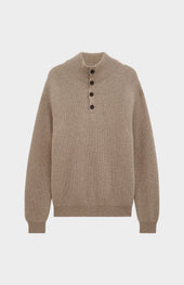Men's Button Neck Rib Cashmere Jumper In Mushroom Melange