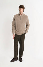 Men's Button Neck Rib Cashmere Jumper In Mushroom Melange