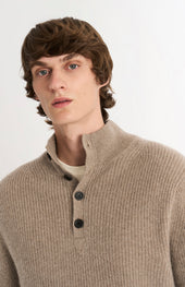 Men's Button Neck Rib Cashmere Jumper In Mushroom Melange