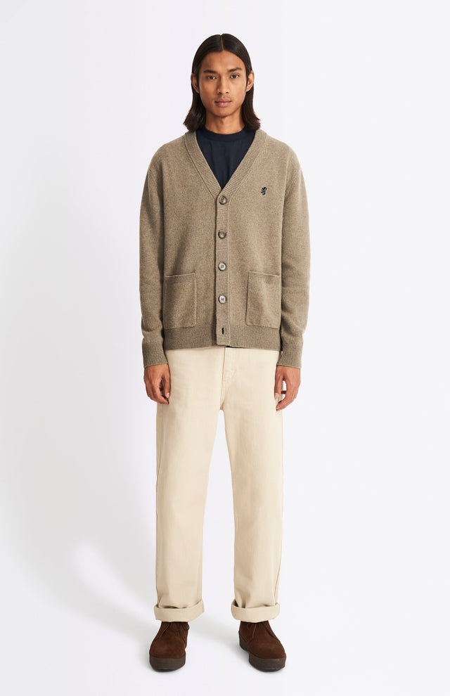 V Neck Lambswool Cardigan In Dark Natural