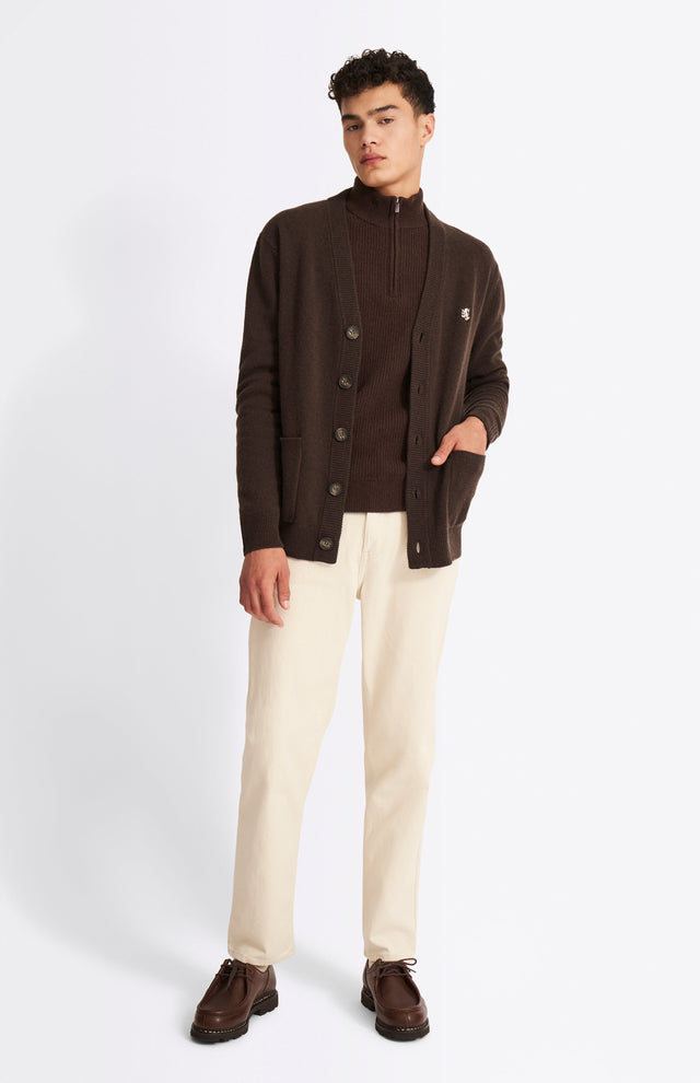 V Neck Lambswool Cardigan In Dark Umber