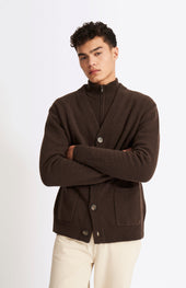 V Neck Lambswool Cardigan In Dark Umber