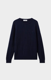 Round Neck Cable Knit Lambswool Jumper In Midnight
