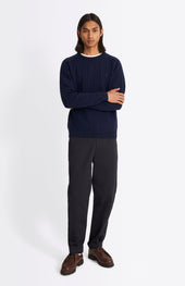 Round Neck Cable Knit Lambswool Jumper In Midnight