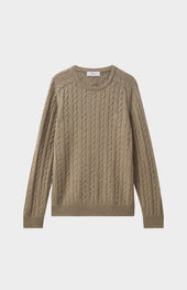 Round Neck Cable Knit Lambswool Jumper In Dark Natural