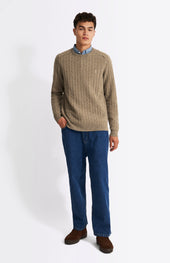 Round Neck Cable Knit Lambswool Jumper In Dark Natural