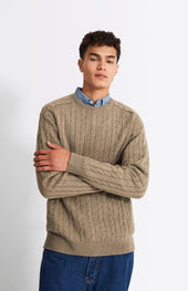 Round Neck Cable Knit Lambswool Jumper In Dark Natural