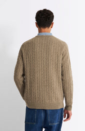 Round Neck Cable Knit Lambswool Jumper In Dark Natural