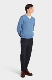 Men's Classic V Neck Cashmere Jumper In Blue Melange