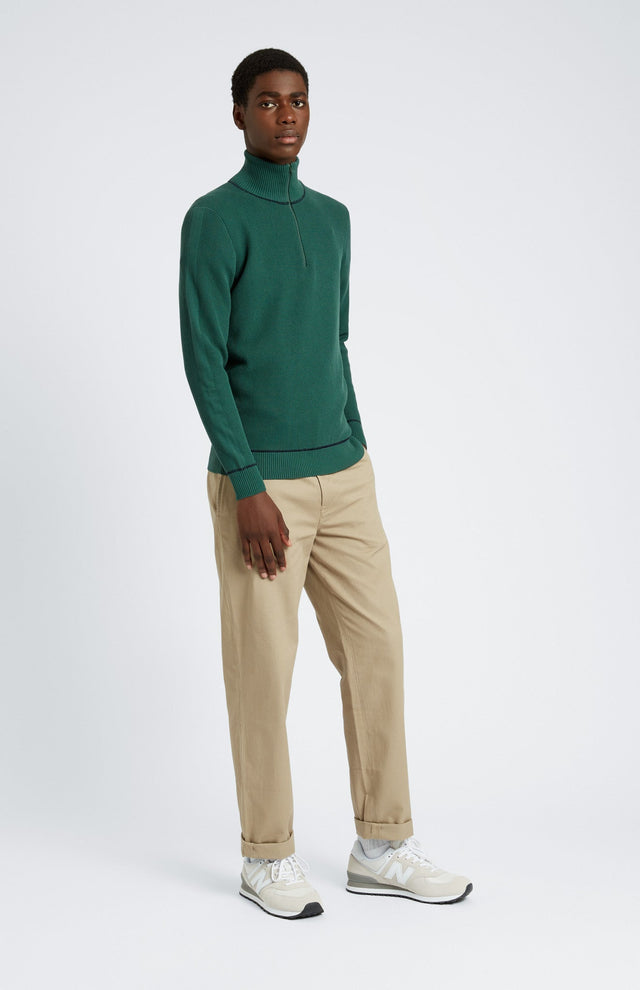 Men's Half Zip Cotton Jumper In Forest Green / Navy