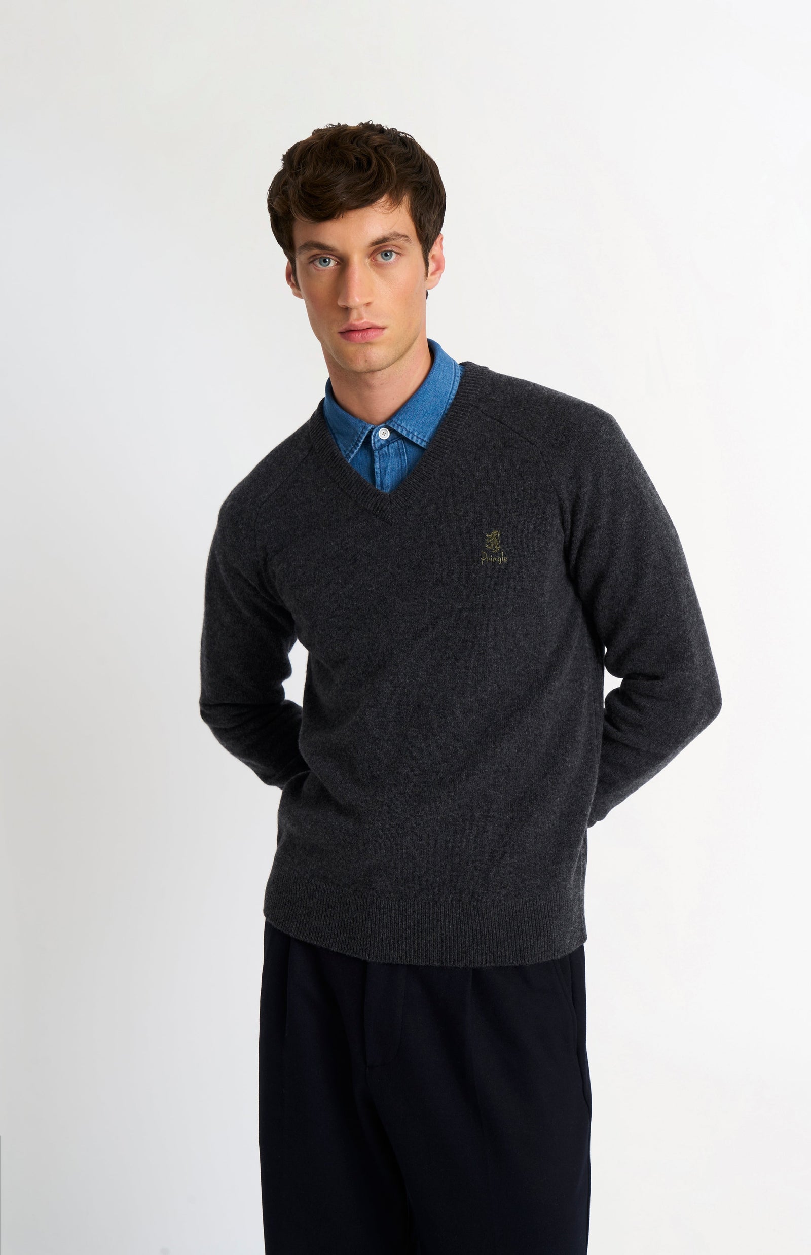 Men's Classic V-neck Supersoft Lambswool Jumper In Charcoal