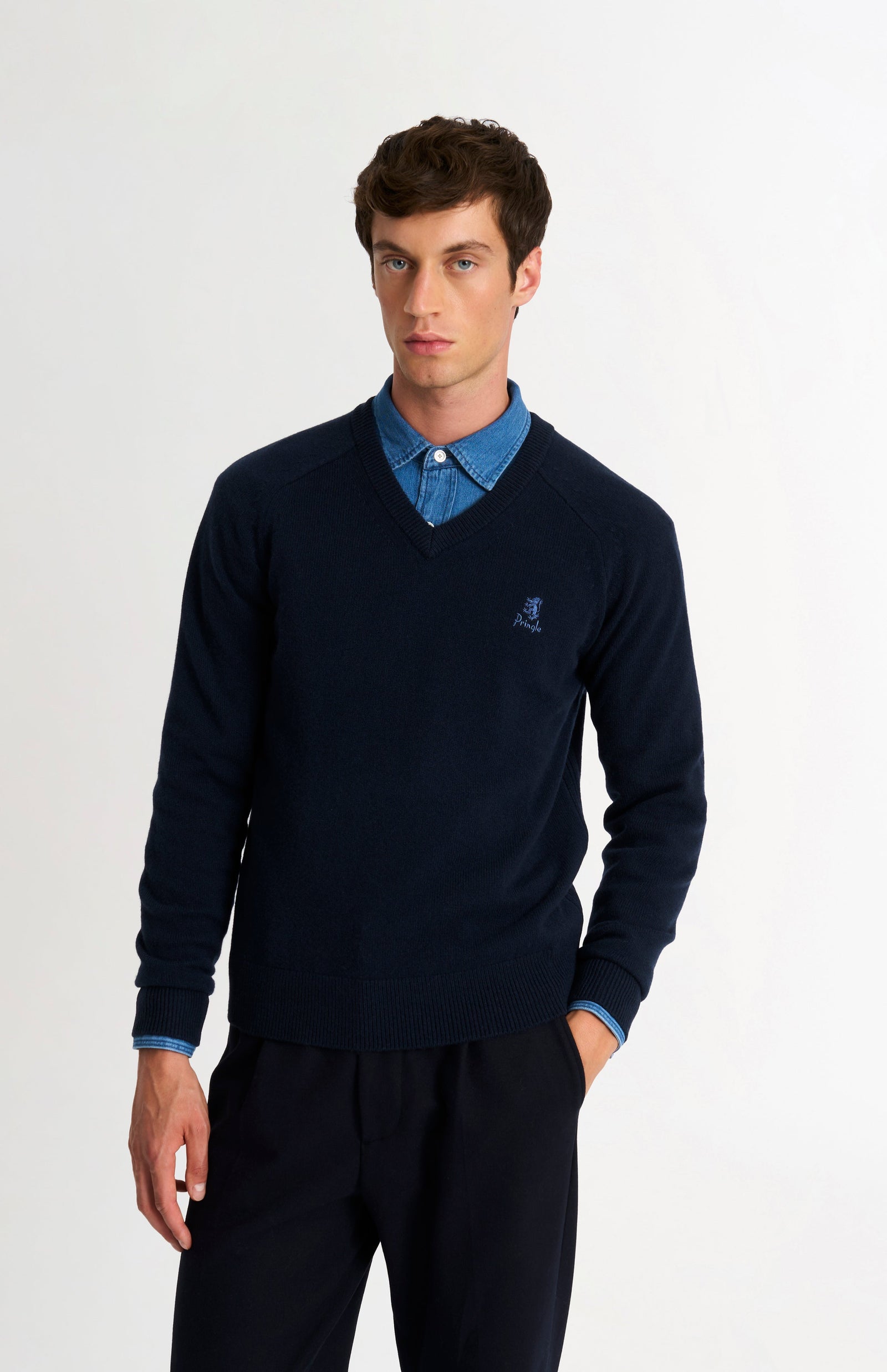 Men's Classic V-neck Supersoft Lambswool Jumper In Navy Blue