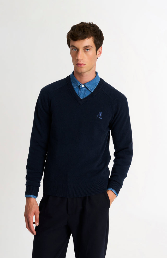 Men's Classic V-neck Supersoft Lambswool Jumper In Navy Blue