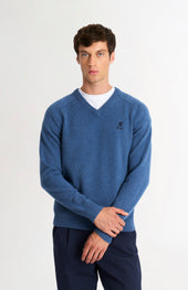 Men's Classic V-neck Supersoft Lambswool Jumper In Bering Sea Blue
