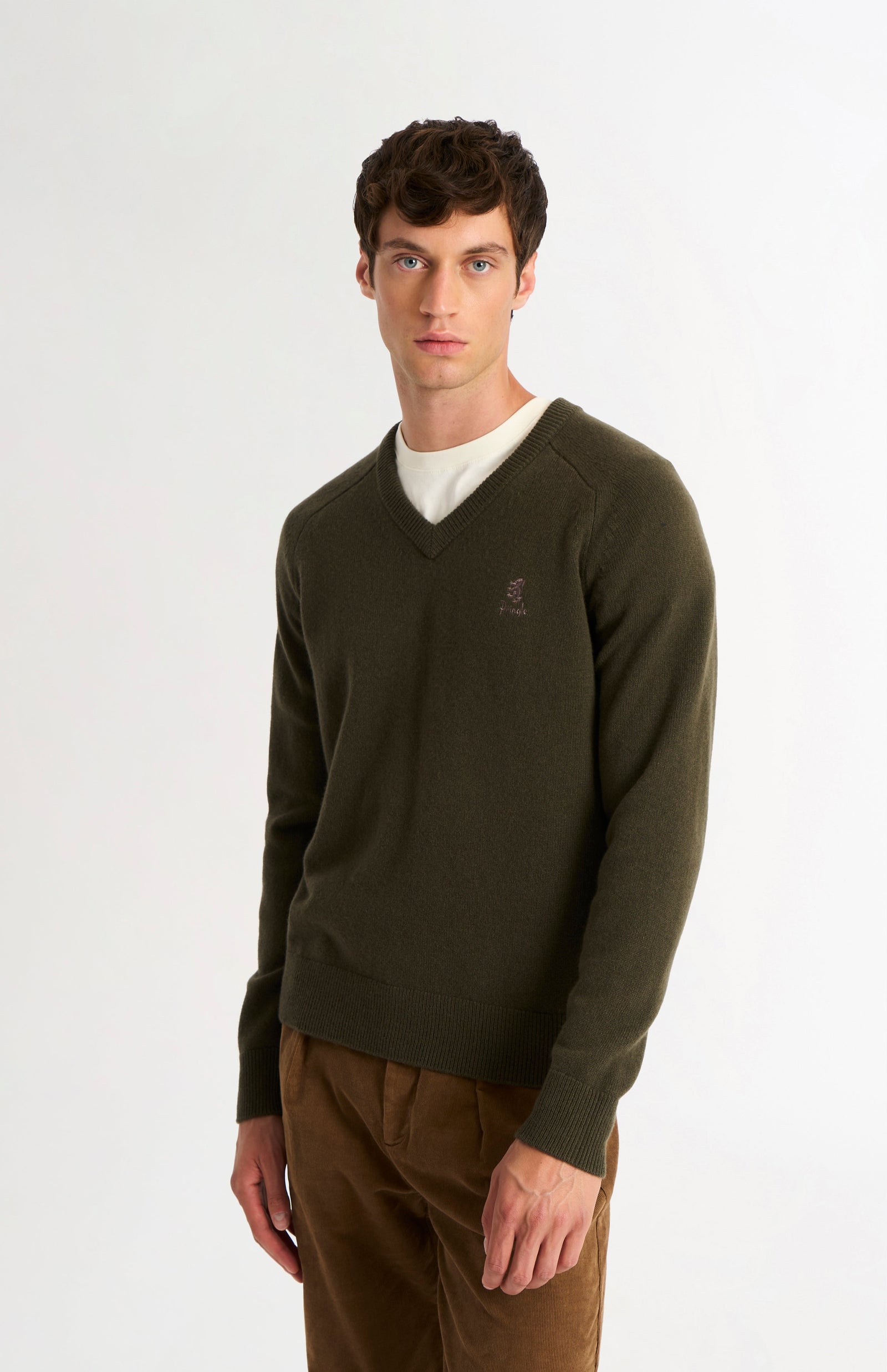 Men's Classic V-neck Supersoft Lambswool Jumper In Dark Olive