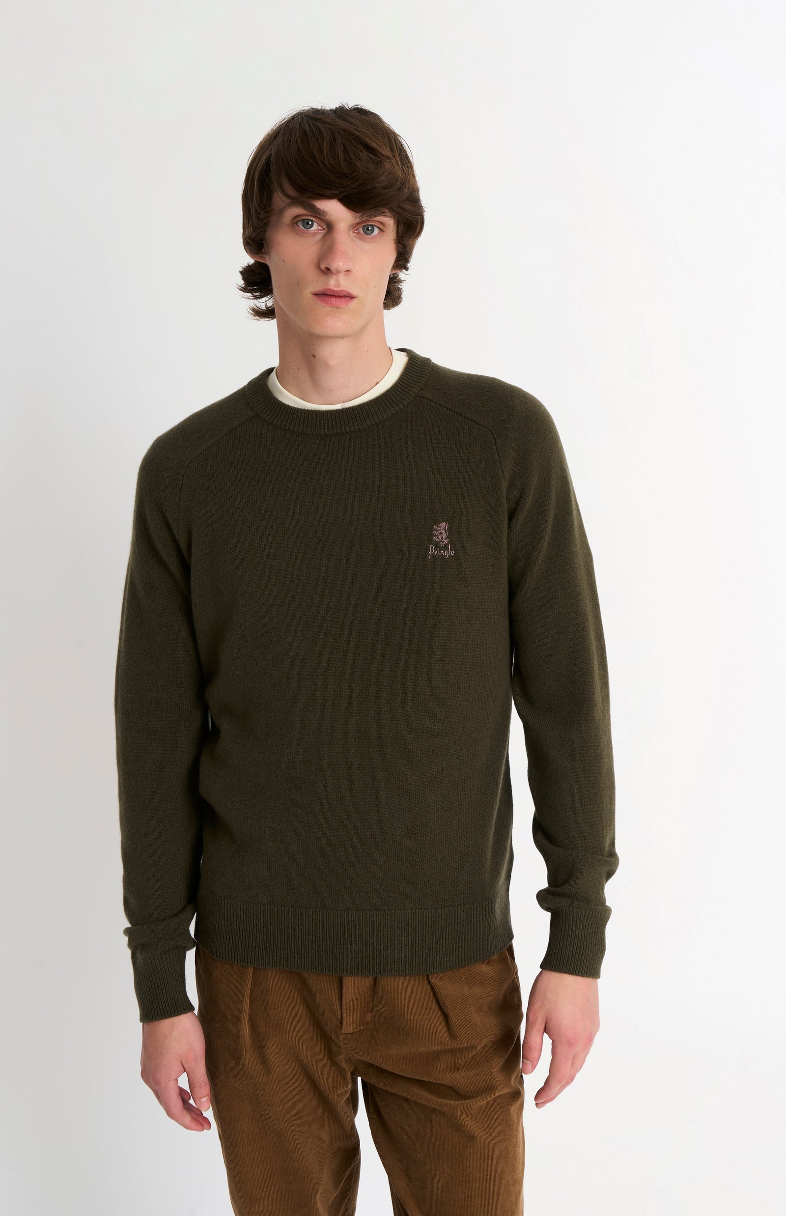 Men's Classic Crew Neck Supersoft Lambswool Jumper In Dark Olive