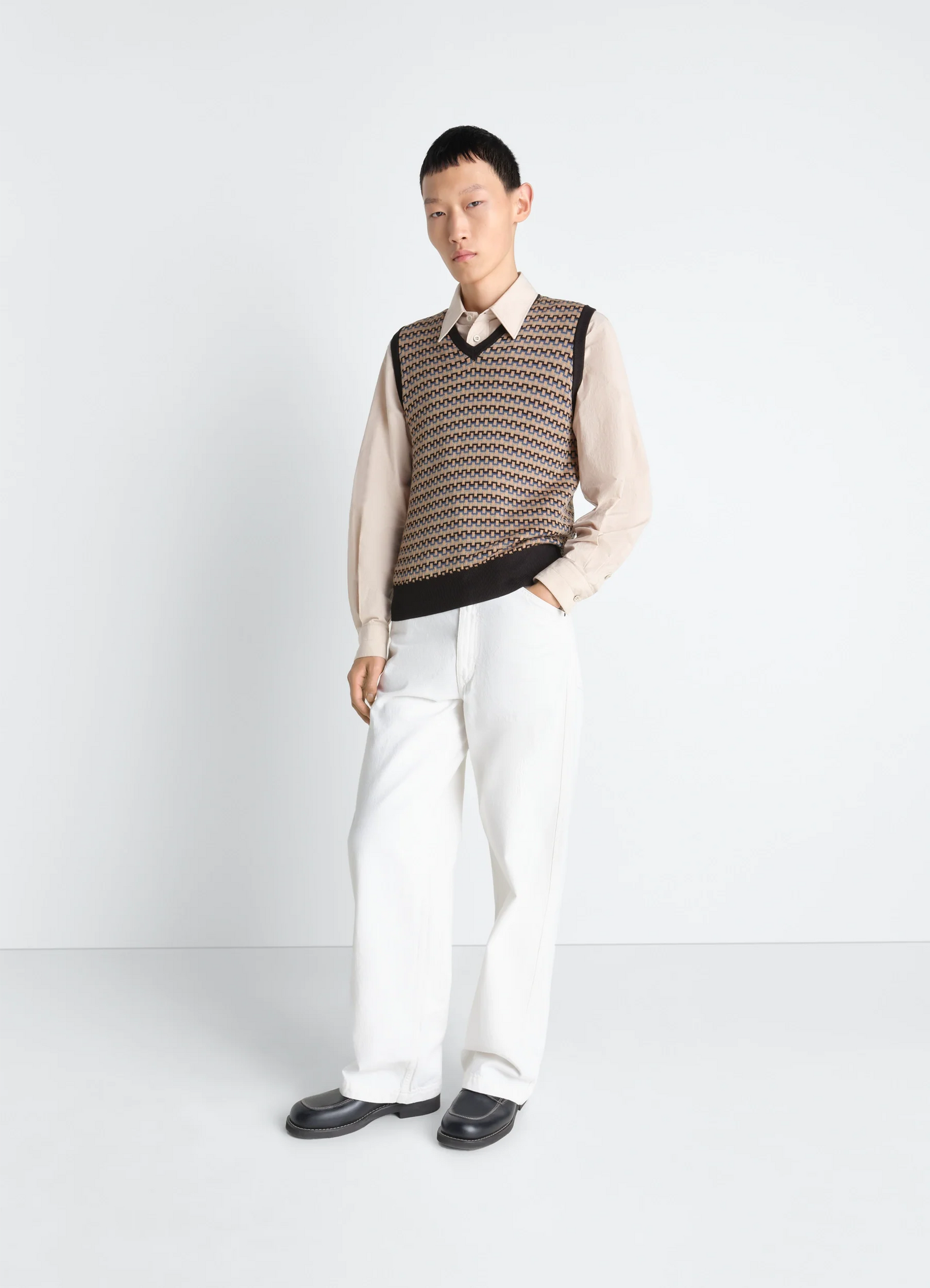 V Neck Jacquard Vest In Cotton