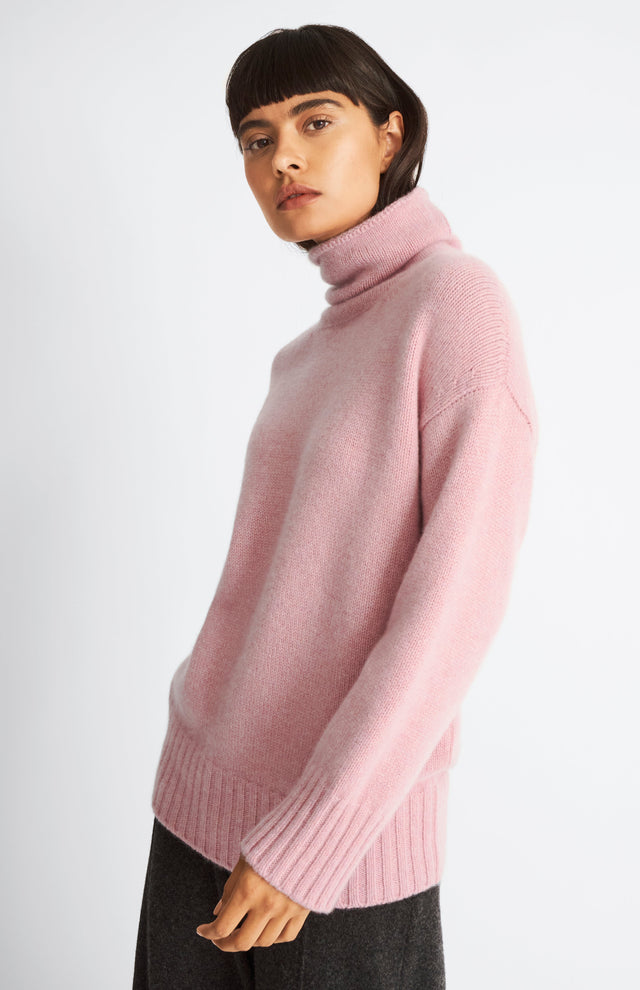 High Neck Chunky Cashmere Jumper In Dusty Pink