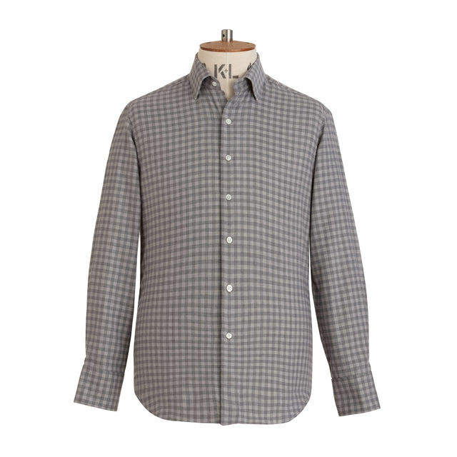 Pale Grey Gingham Wool Cotton Blend Shirt - New