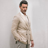 Peak Lapel Double Breasted Jacket In Wool Silk Linen Herringbone